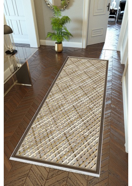 yolluk Koridor Kahverengi Krem Dijital Baskı Kaymaz Yuvarlak Oval Kesme Ince Yıkanabilir Halı