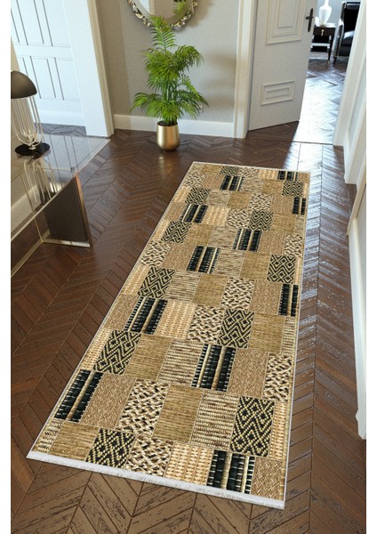 yolluk Koridor Haki Siyah Patchwork Kaymaz Yuvarlak Oval Kesme Ince Yıkanabilir Halı