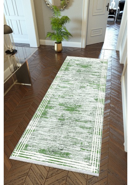 yolluk Koridor Yeşil Gri Dijital Baskı Kaymaz Yuvarlak Oval Kesme Ince Yıkanabilir Halı