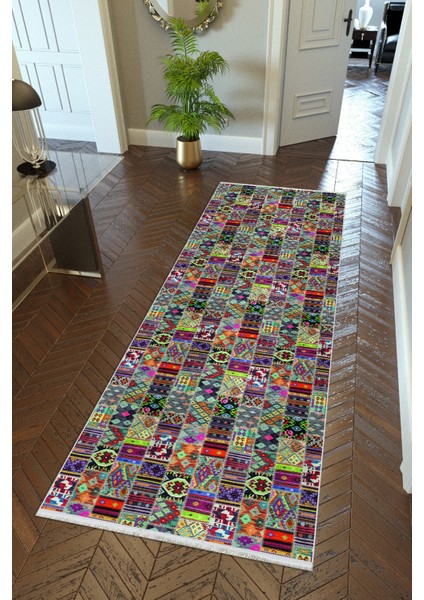 yolluk Koridor Çok Renkli Patchwork Kaymaz Yuvarlak Oval Kesme Ince Yıkanabilir Halı