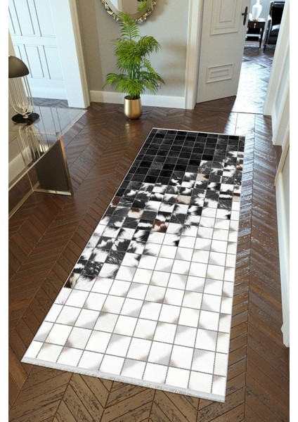 yolluk Koridor Siyah Beyaz Patchwork Kaymaz Yuvarlak Oval Kesme Ince Yıkanabilir Halı