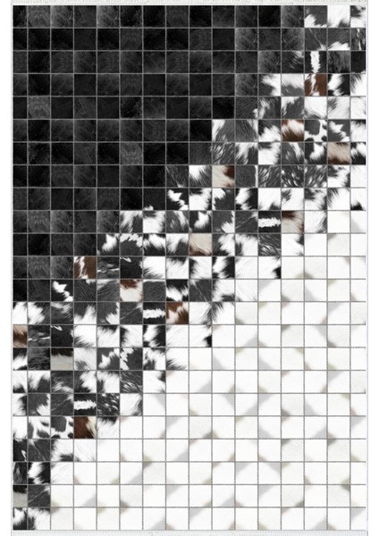 yolluk Koridor Siyah Beyaz Patchwork Kaymaz Yuvarlak Oval Kesme Ince Yıkanabilir Halı