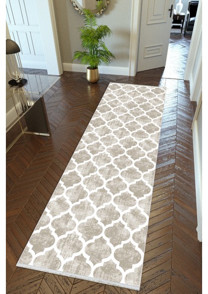 yolluk Koridor Ekru Beyaz Dijital Baskı Kaymaz Yuvarlak Oval Kesme Ince Yıkanabilir Halı