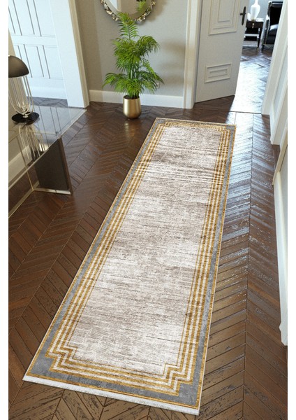 yolluk Koridor Altın Gold Gri Dijital Baskı Kaymaz Yuvarlak Oval Kesme Ince Yıkanabilir Halı