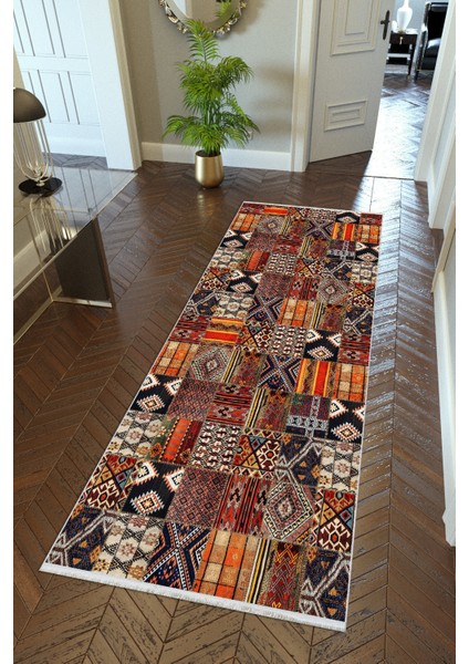 yolluk Koridor Kahverengi Patchwork Kaymaz Yuvarlak Oval Kesme Ince Yıkanabilir Halı