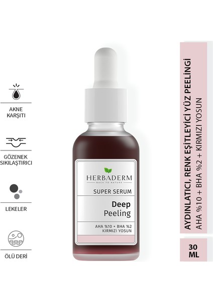 Süper Serum Aydınlatıcı, Renk Eşitleyici Kırmızı Peeling Aha %10 + Bha %2 + Kırmızı Yosun %91 Doğal İçerik 30 Ml