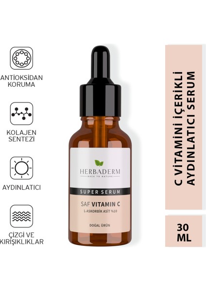 Süper Serum (Saf Vitamin C L-Askorbik Asit %10) Aydınlatıcı 30 Ml