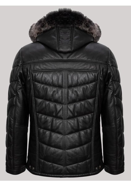 Deri Yakası Kürklü Siyah Düz Çizgi Detaylı Dört Cepli Şişme Erkek Deri Mont fiyatları