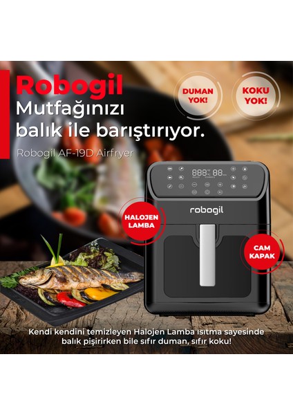 AF-19D Airfryer XXL 6,5lt Halojen Lambalı Cam Kapaklı Sıcak Hava Fritözü