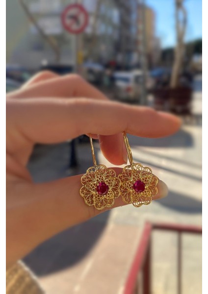 Gümüş Telkari Model Pembe Taşlı Anne Küpesi