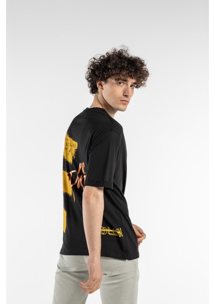 Erkek Yazı Baskılı Oversize Kısa Kollu Bisiklet Yaka T-Shirt