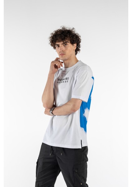 Erkek Yazı Baskılı Oversize Kısa Kollu Bisiklet Yaka T-Shirt