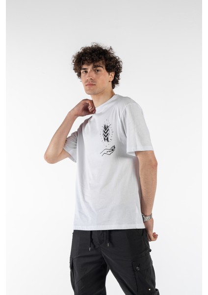 Erkek Hand Baskılı Oversize Kısa Kollu Bisiklet Yaka T-Shirt