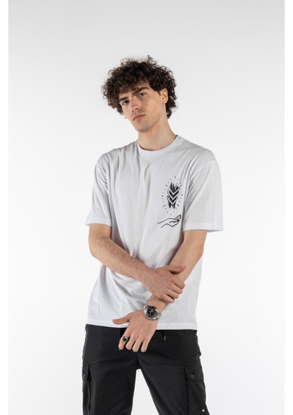 Erkek Hand Baskılı Oversize Kısa Kollu Bisiklet Yaka T-Shirt fırsatları