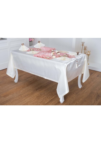 Afife Kadife Pudra Krem Sofra Takımı 8 Kişilik 160X230 cm 34 Parça -1428
