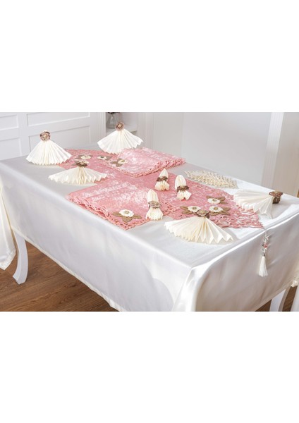 Afife Kadife Pudra Krem Sofra Takımı 8 Kişilik 160X230 cm 34 Parça -1428 fiyatları