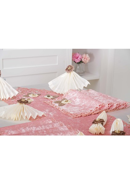 Afife Kadife Pudra Krem Sofra Takımı 8 Kişilik 160X230 cm 34 Parça -1428 indirimleri