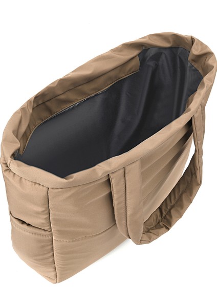 Fermuarlı Puf Şişme Büyük Boy Omuz ve Kol Vizon Renk Kadın Çanta Shopper Big Bag modelleri
