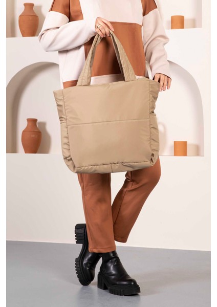 Fermuarlı Puf Şişme Büyük Boy Omuz ve Kol Vizon Renk Kadın Çanta Shopper Big Bag fırsatları