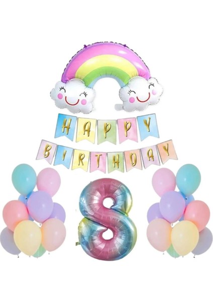 8 Yaş Gülen Gökkuşağı Rakam Folyo Balon Set