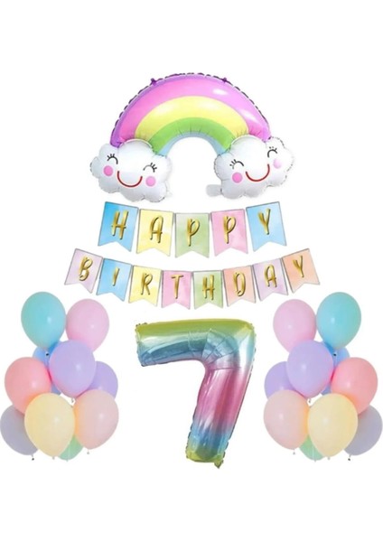 7 Yaş Gülen Gökkuşağı Rakam Folyo Balon Set