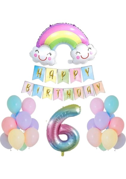 6 Yaş Gülen Gökkuşağı Rakam Folyo Balon Set