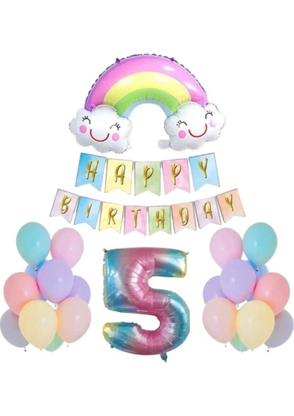 5 Yaş Gülen Gökkuşağı Rakam Folyo Balon Set