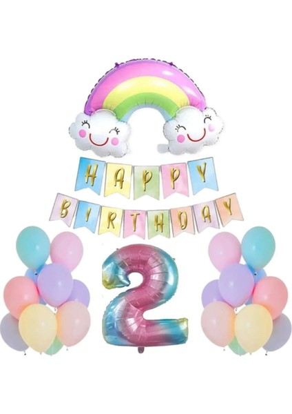 2 Yaş Gülen Gökkuşağı Rakam Folyo Balon Set