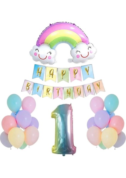 1 Yaş Gülen Gökkuşağı Rakam Folyo Balon Set