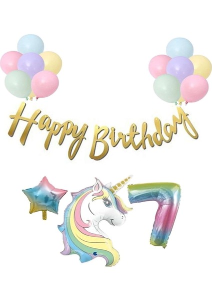 Unicorn Balonlu Kaligrafi Happy Bırthday 7 Yaş Balon Set