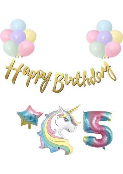 Unicorn Balonlu Kaligrafi Happy Bırthday 5 Yaş Balon Set