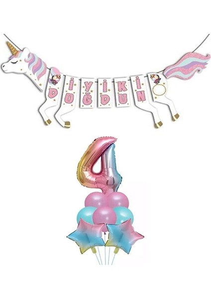 Unicorn Doğum Günü Seti Rakam Folyo Gökkuşağı 4 Yaş