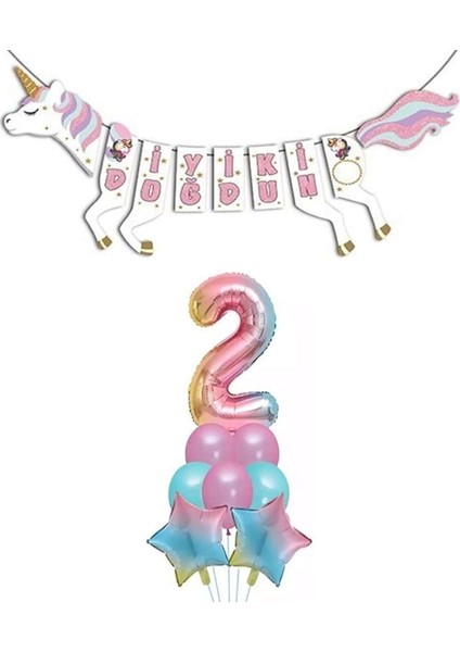 Unicorn Doğum Günü Seti Rakam Folyo Gökkuşağı 2 Yaş