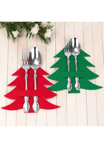 Yılbaşı Çam Ağacı Şeklinde Dekoratif Kaşıklık Sofra Aksesuarı Kırmızı 6 Adet Yılbaşı Gecesi Sofra Dekoru