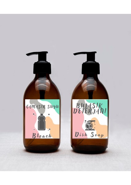 JUNİBELİW 2li Set Amber Cam Şişe Kavanoz Bulaşık Deterjanlığı Çamaşır Suyu 2X250ML