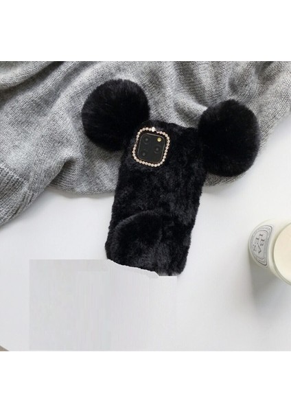 Apple iPhone 12 Pro Kılıf Miki Kulaklı Peluş Tüylü Swarovski Taşlı Silikon Kapak