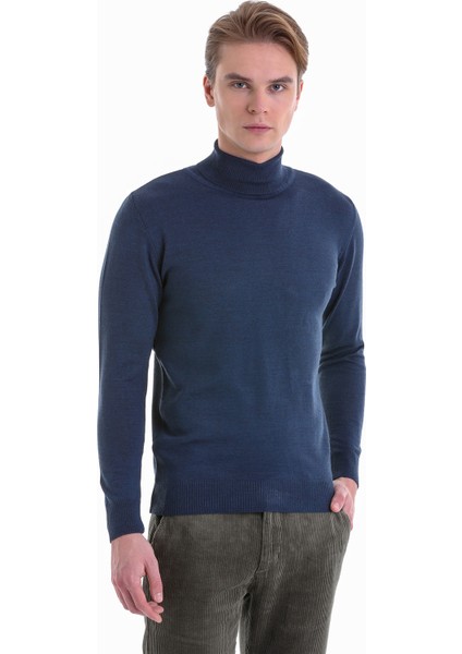 Indigo Regular Fit Düz Balıkçı Yaka Yün Triko Kazak