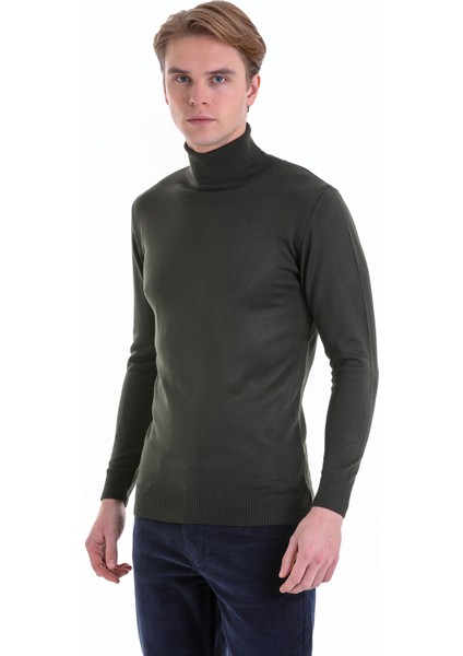 Haki Regular Fit Düz Balıkçı Yaka Yün Triko Kazak