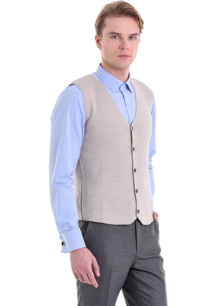 Bej Regular Fit Düz Yün Triko Yelek