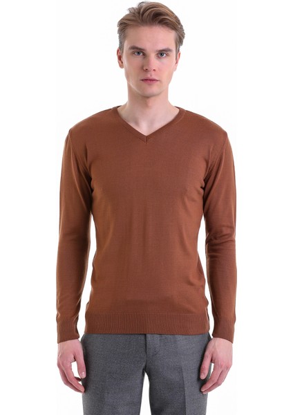 Kahverengi Regular Fit Düz V Yaka Yün Triko Kazak fiyatları