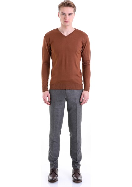 Kahverengi Regular Fit Düz V Yaka Yün Triko Kazak modelleri