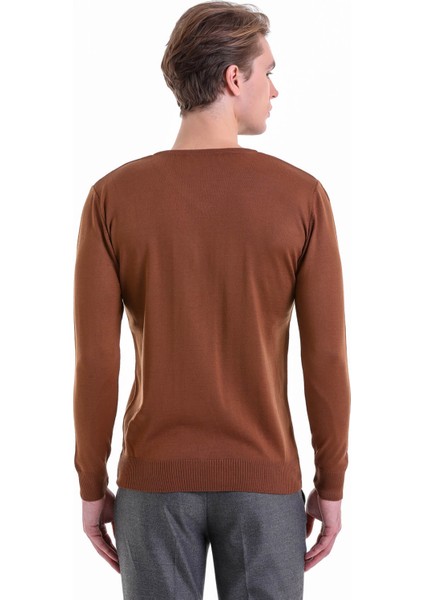 Kahverengi Regular Fit Düz V Yaka Yün Triko Kazak indirimleri