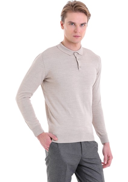 Bej Regular Fit Düz Polo Yaka Yün Triko Kazak