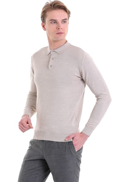 Bej Regular Fit Düz Polo Yaka Yün Triko Kazak fiyatları