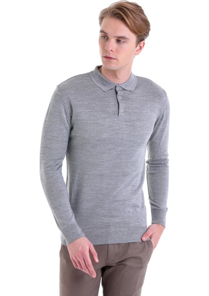 Gri Regular Fit Düz Polo Yaka Yün Triko Kazak fiyatları