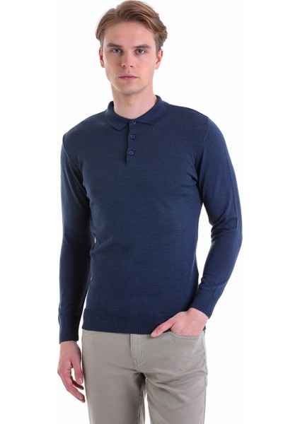 Indigo Regular Fit Düz Polo Yaka Yün Triko Kazak