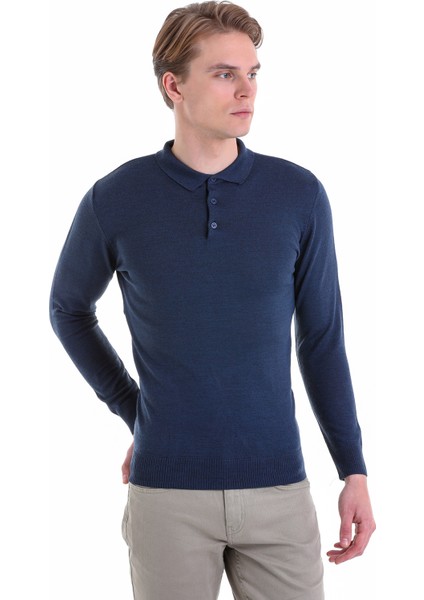 Indigo Regular Fit Düz Polo Yaka Yün Triko Kazak