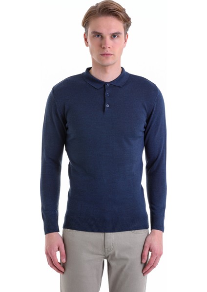Indigo Regular Fit Düz Polo Yaka Yün Triko Kazak