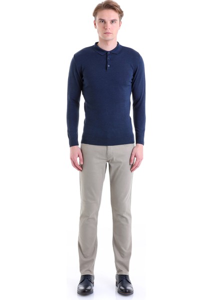 Indigo Regular Fit Düz Polo Yaka Yün Triko Kazak