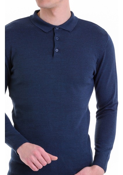 Indigo Regular Fit Düz Polo Yaka Yün Triko Kazak